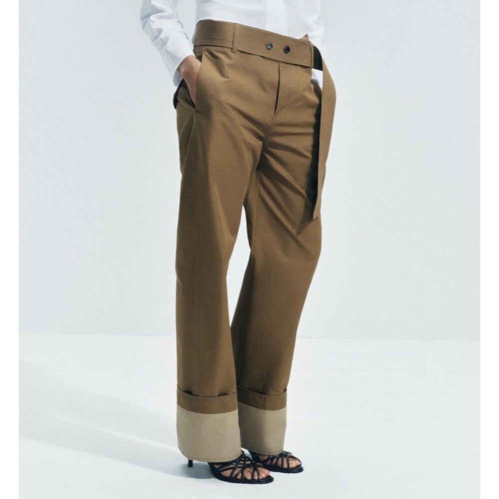 Zara  Woman Collection Medium Belted Twill Wide Leg Pants Women’s Olive Brown - Picture 11 of 11